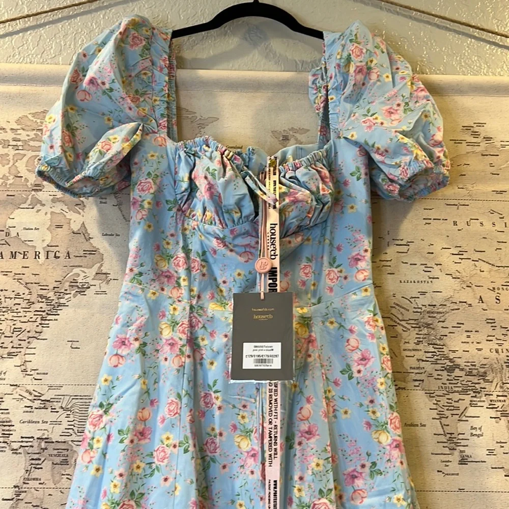 House of CB Tallulah Blue Vintage Floral Puff Sleeve Midi Dress NWT - Picture 8 of 10